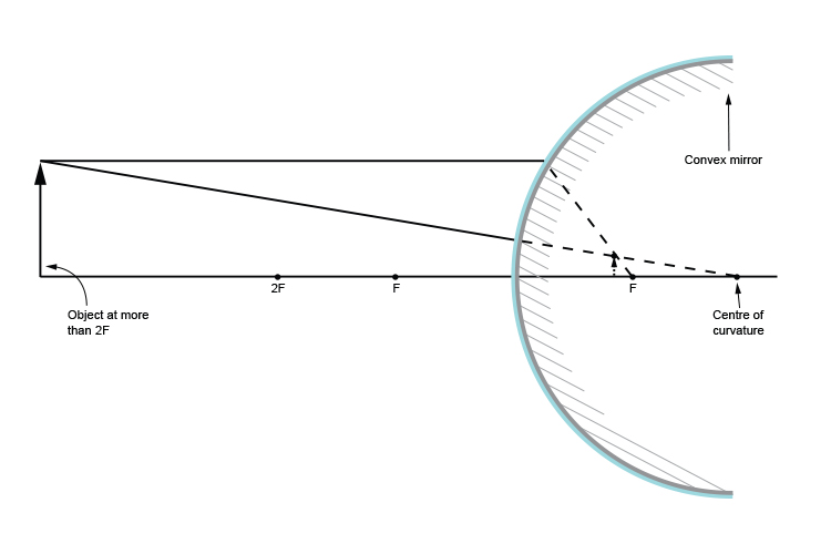 Convex mirror ray diagram with the object at 2F